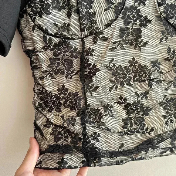 Black Lace Sweetheart Ruched Top, Women’s Floral Lace Overlay Blouse, Size Small - Picture 8 of 15